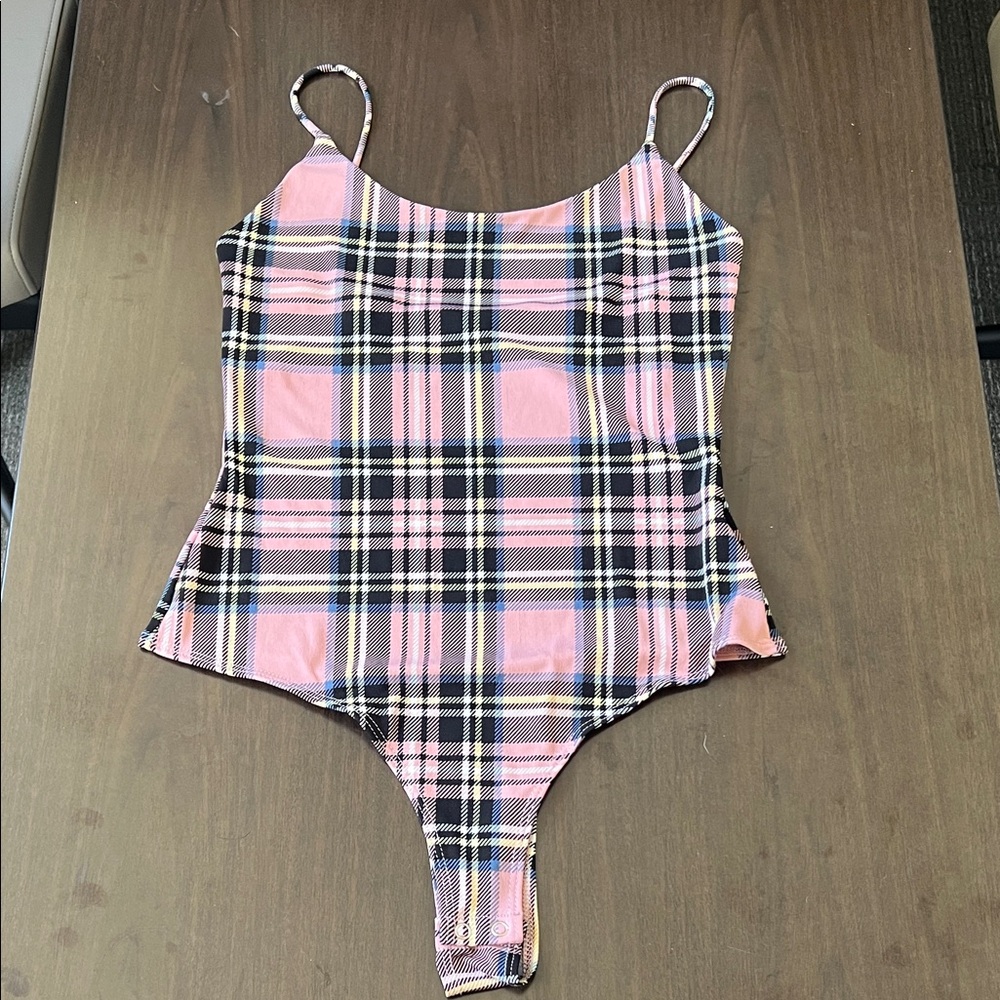 Plaid Bodysuit Medium Pink Clueless 90s Spaghetti Strap Stretch